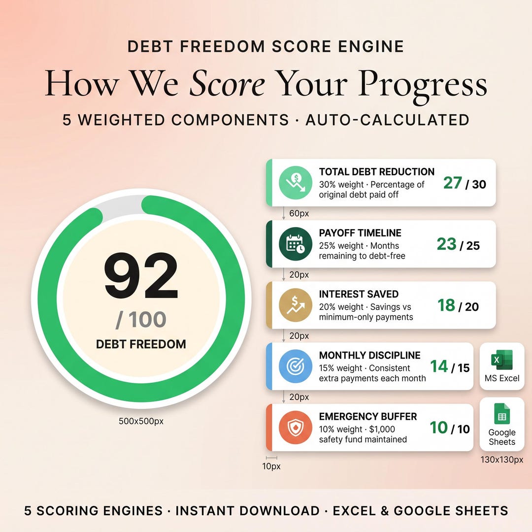 Debt freedom score engine showing 92 of 100 with debt reduction and payoff timeline components