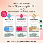 Three bill split methods: equal 50/50, proportional by income, and custom