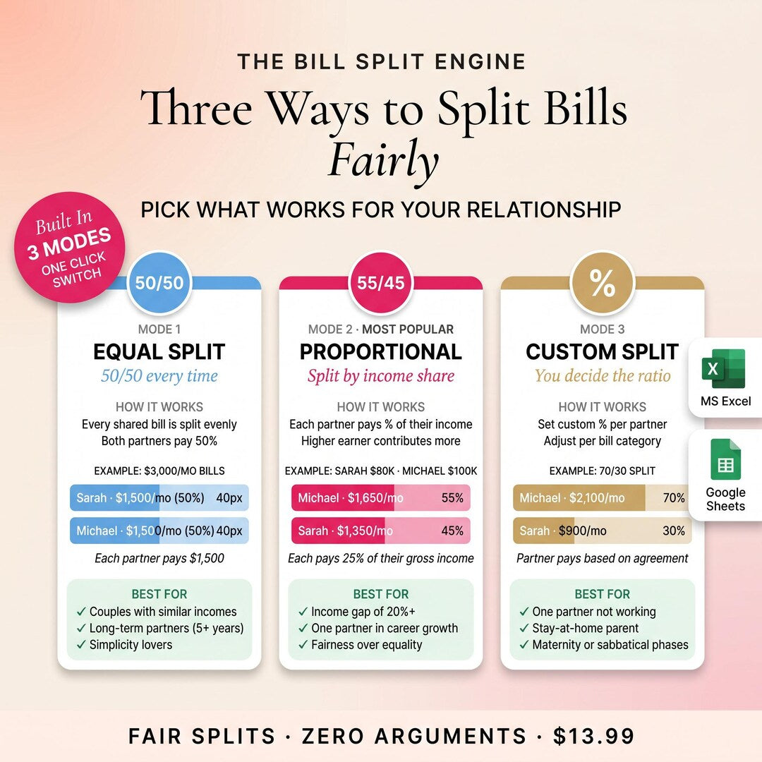 Three bill split methods: equal 50/50, proportional by income, and custom