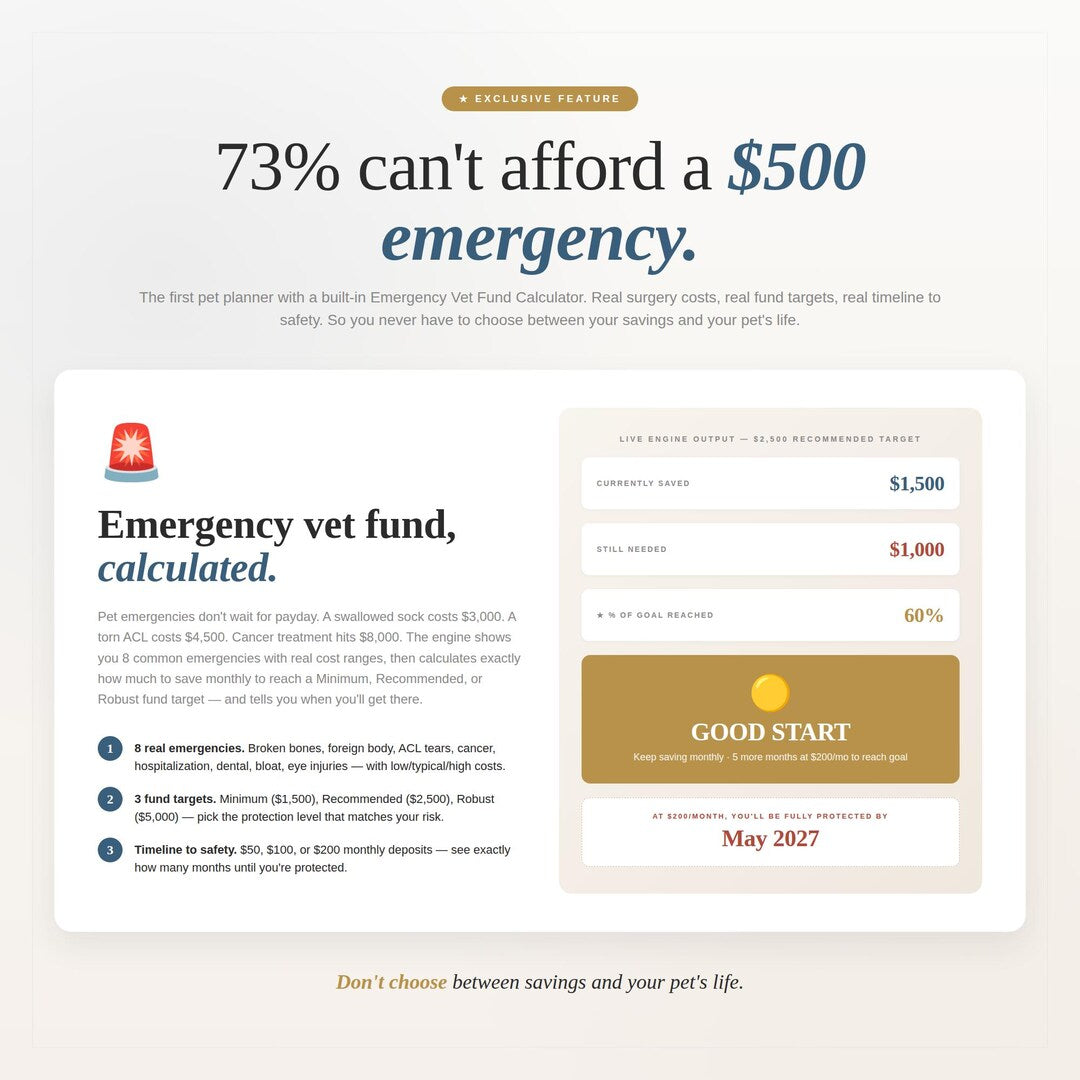 An emergency vet fund calculator sizing the buffer to set aside