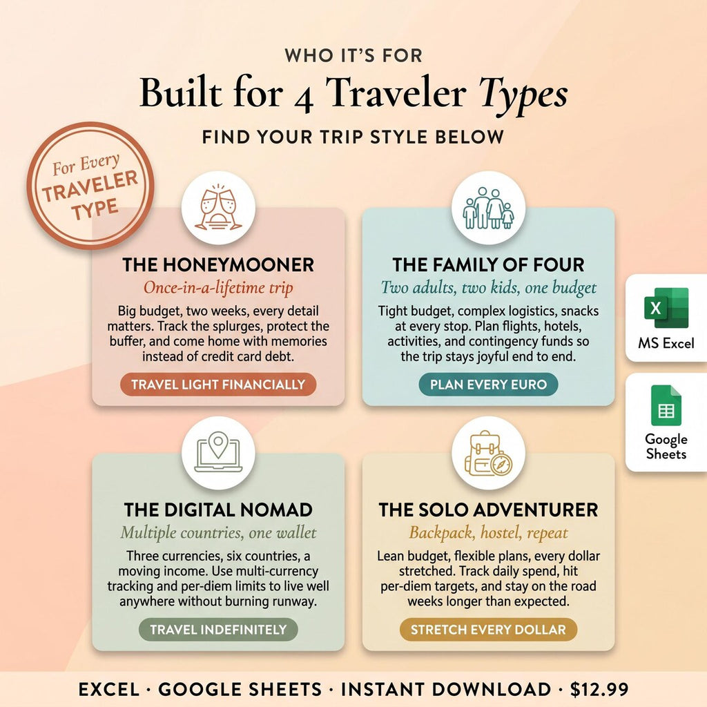 Built for four travel styles: honeymooner, family of four, digital nomad, solo adventurer