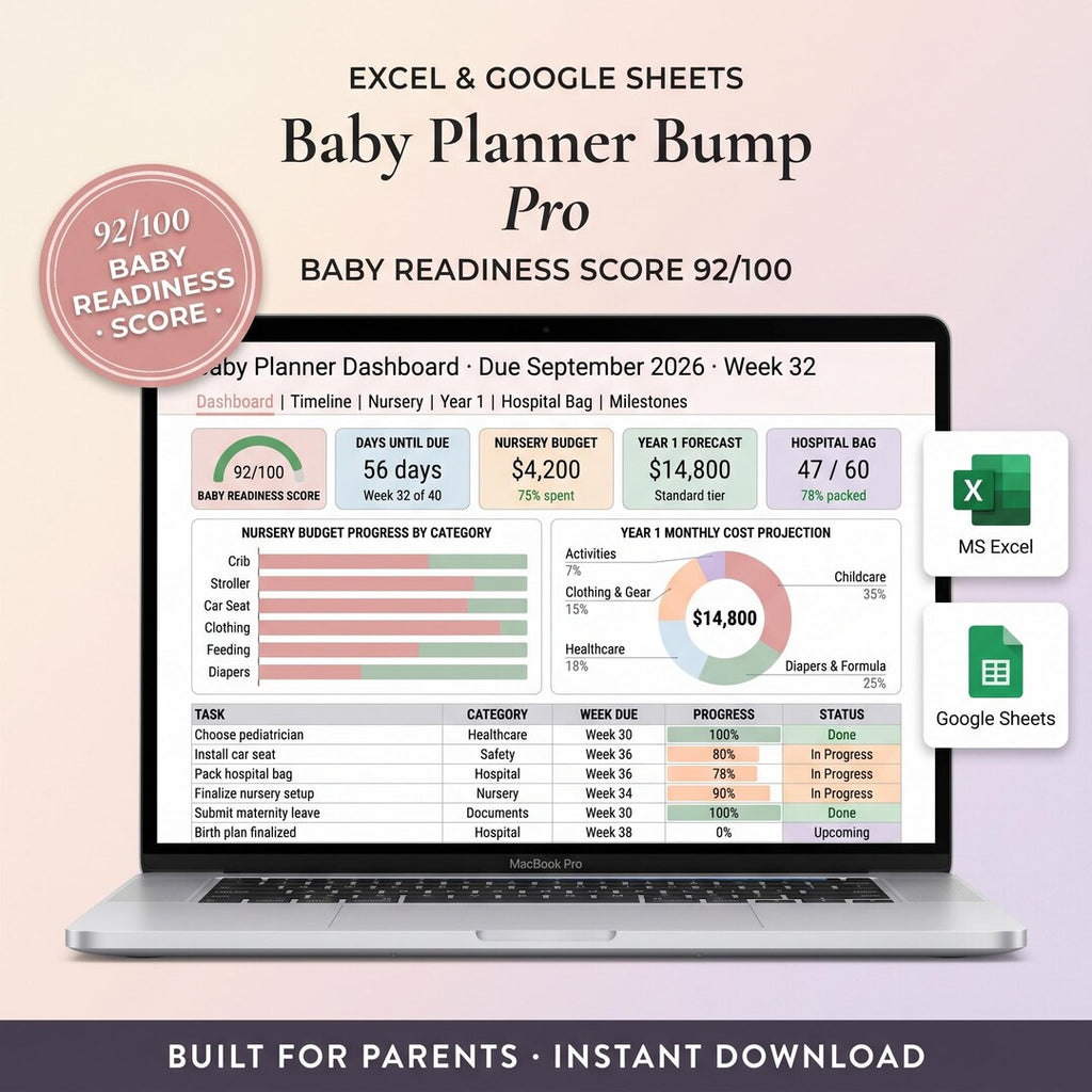 Baby planner spreadsheet on a laptop showing a nursery budget and pregnancy milestones