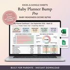 Baby planner spreadsheet on a laptop showing a nursery budget and pregnancy milestones