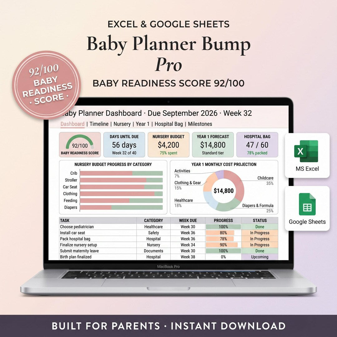 Baby planner spreadsheet on a laptop showing a nursery budget and pregnancy milestones