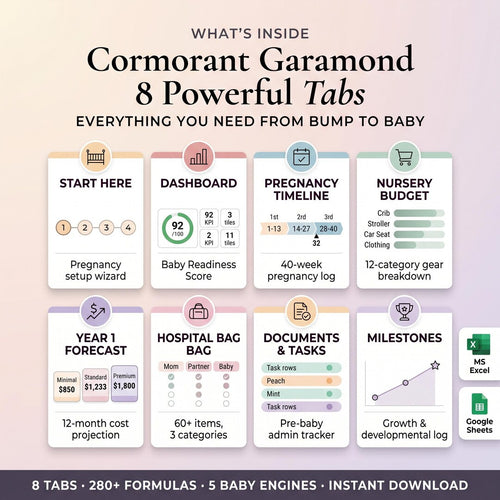 What is inside: 8 powerful tabs for pregnancy setup, nursery budget, year 1 forecast, hospital bag and milestones