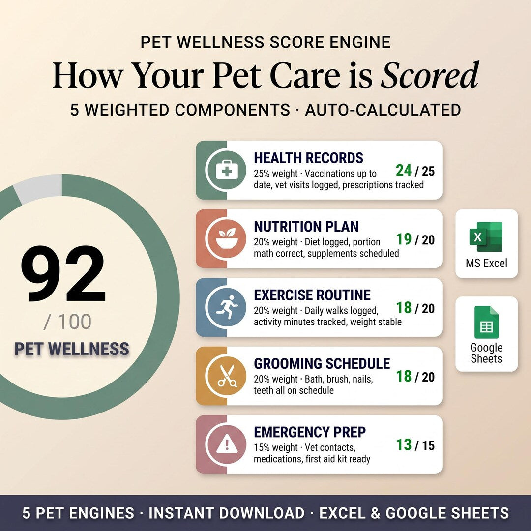 How pet care is scored: a 92 of 100 wellness score across five weighted components