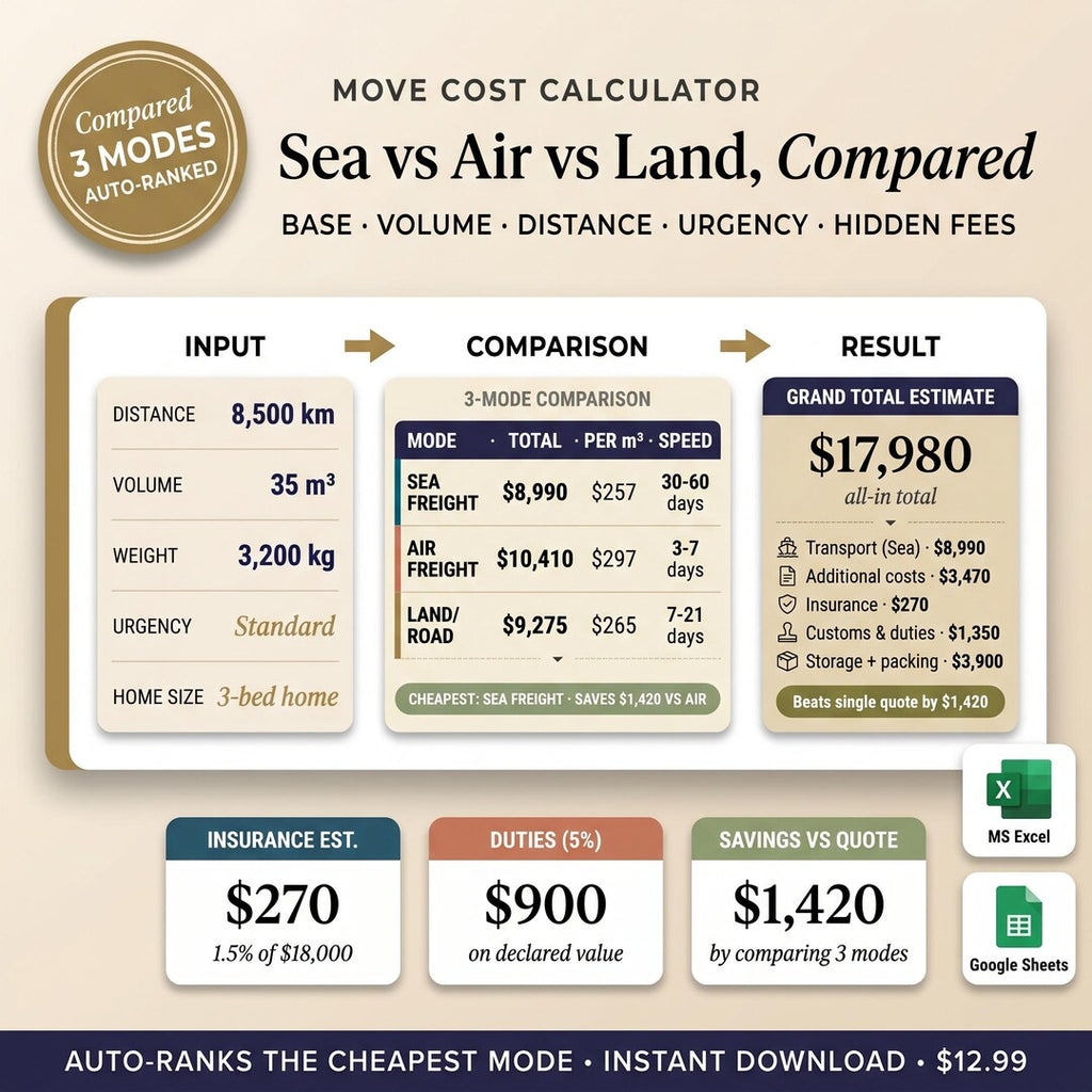 Shipping cost comparison across sea, air and land freight with grand total estimate
