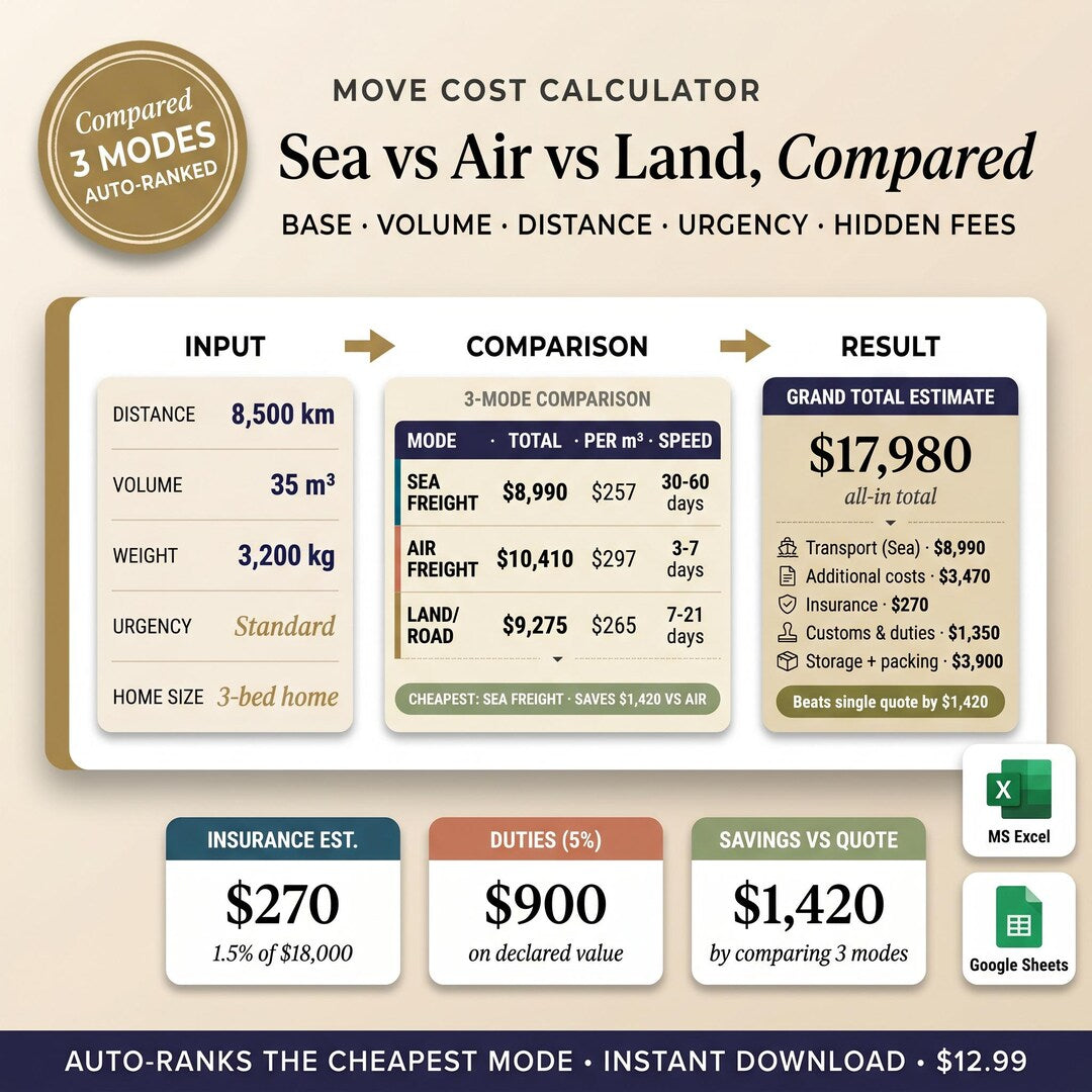 Shipping cost comparison across sea, air and land freight with grand total estimate