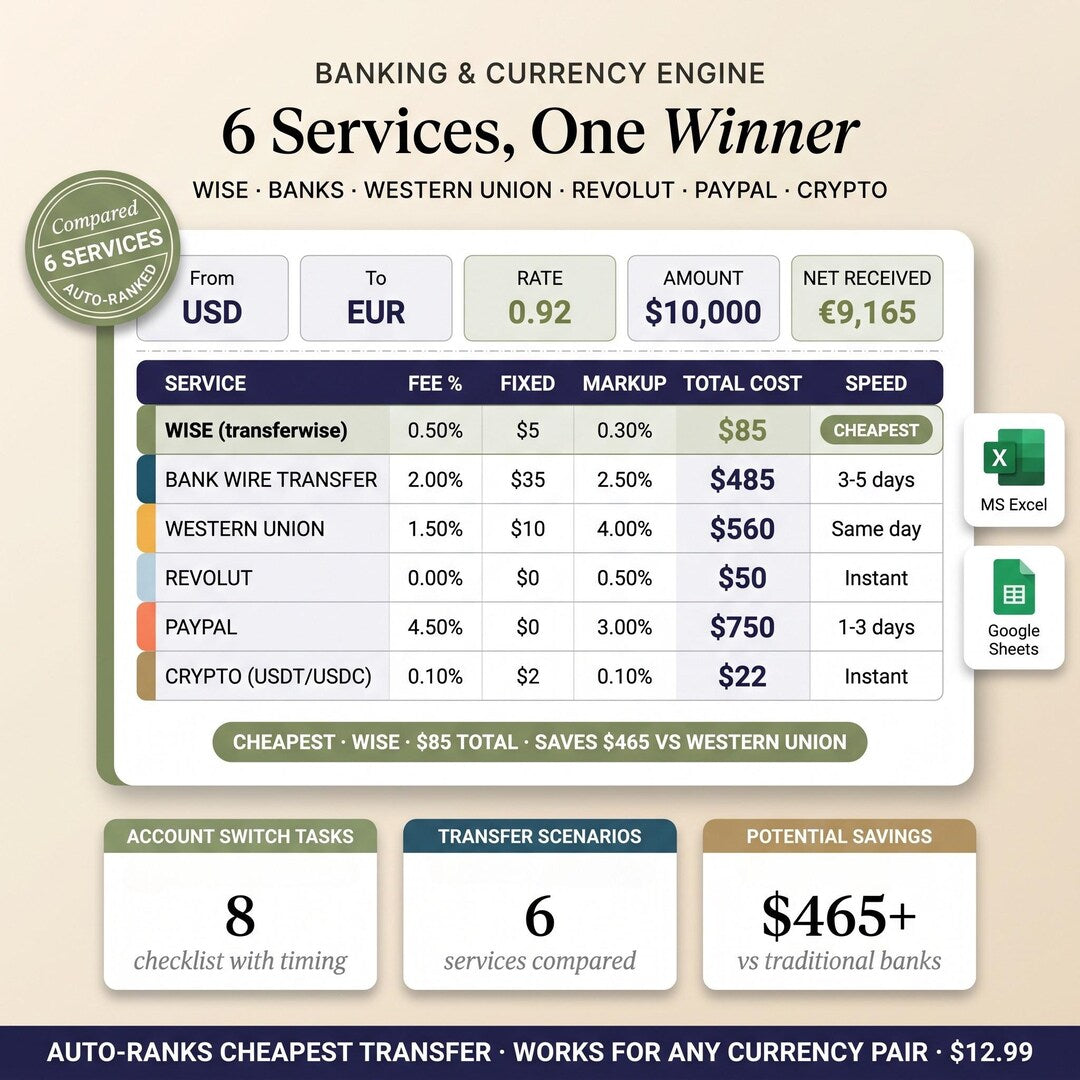 Currency exchange comparison across Wise, banks, Western Union, Revolut, PayPal and crypto