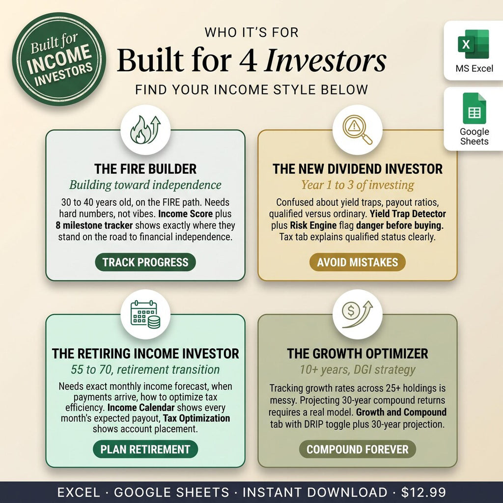 Built for four investor types: FIRE builder, new dividend investor, retiring investor, growth optimizer