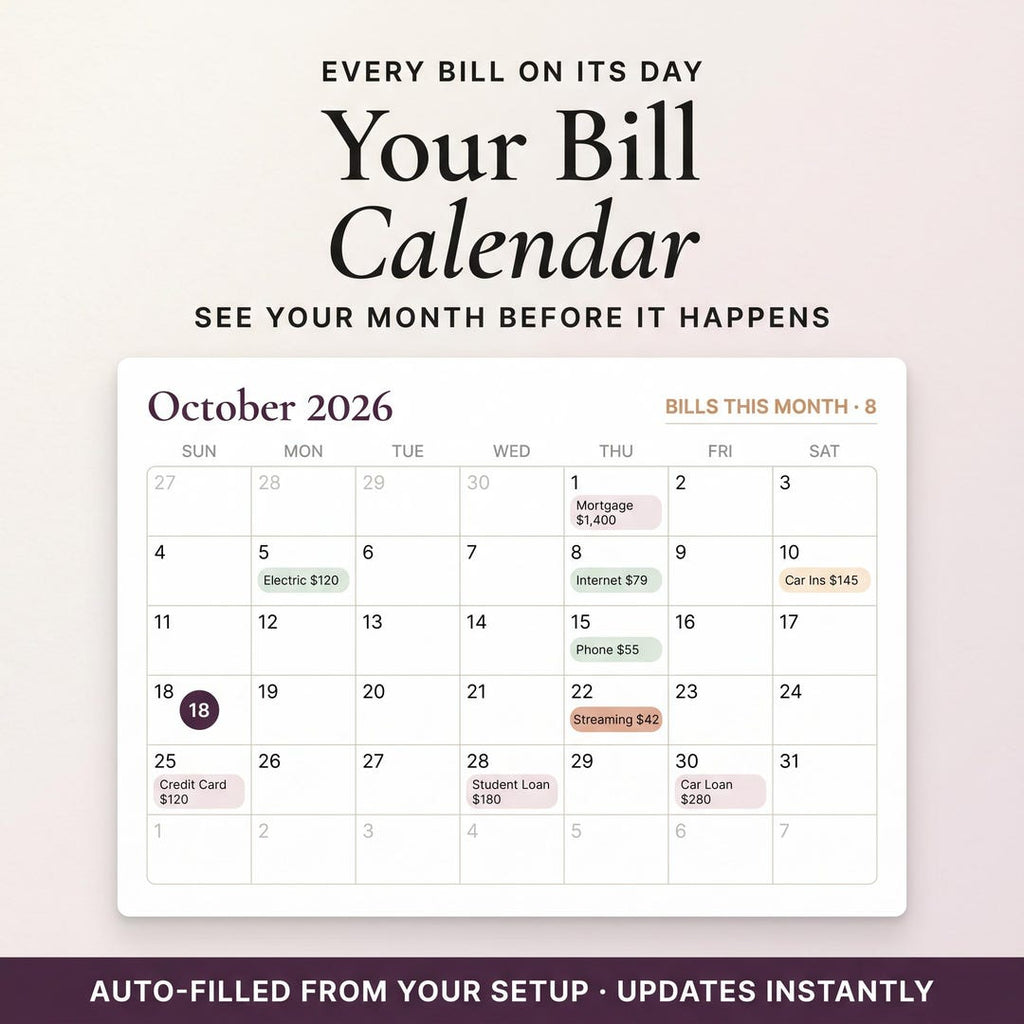 Your bill calendar showing scheduled monthly payments like mortgage, internet and car insurance