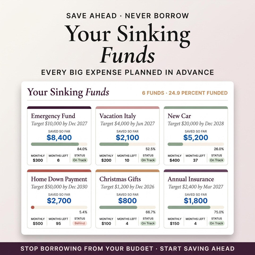 Sinking funds for emergency, vacation, new car, home down payment and gifts