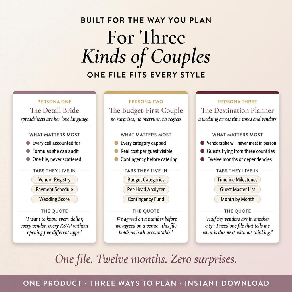 Three wedding planning personas, each with key features and tabs for their planning style
