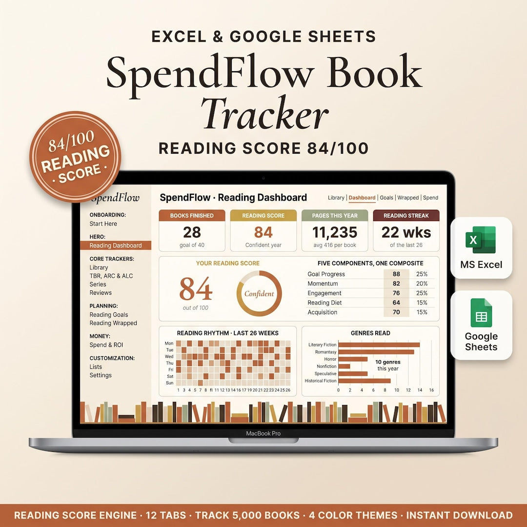 Reading tracker spreadsheet on a laptop showing books finished, pages read, and a yearly goal