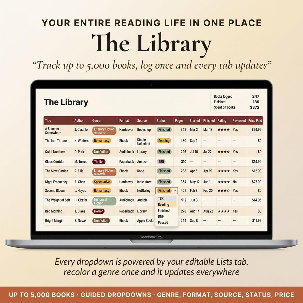 The Library view listing books with title, author, genre, format and status