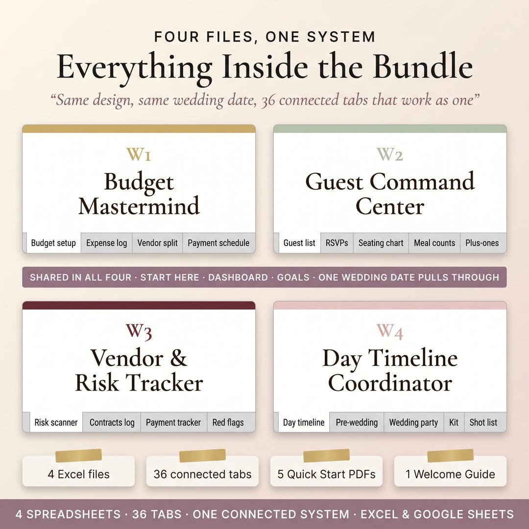 Everything inside the bundle: four Excel files with 36 connected tabs and five quick start PDFs