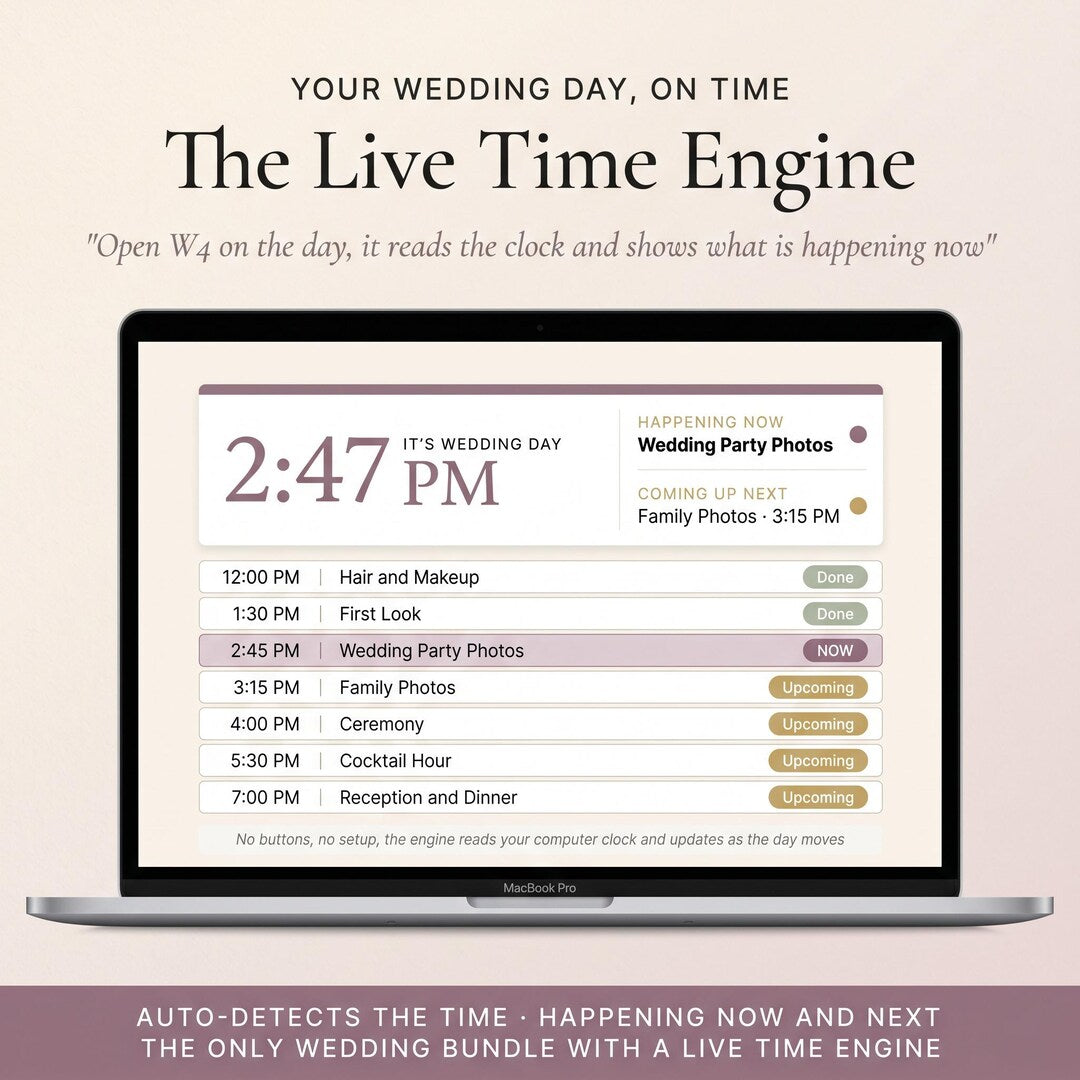 The Live Time Engine showing the current time and the next wedding-day events