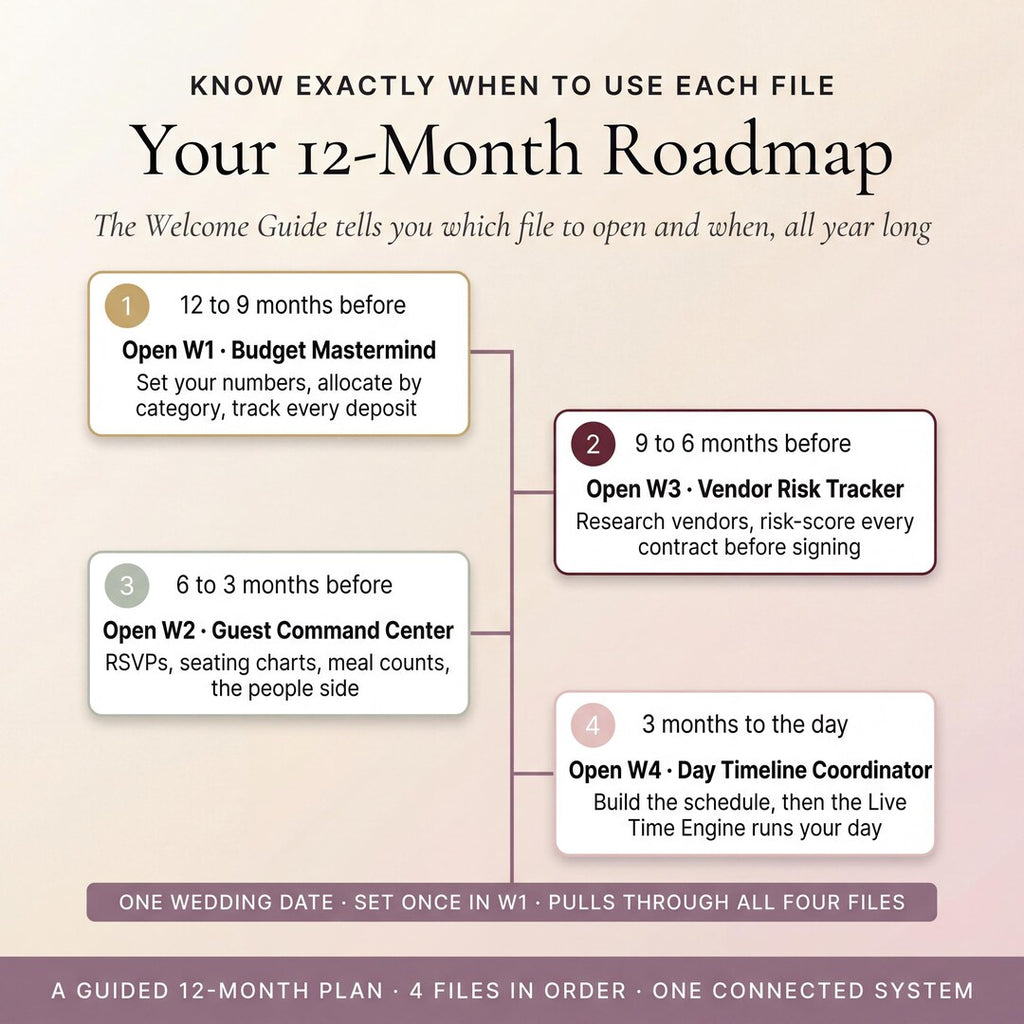 A 12-month wedding planning roadmap across budget, vendor risk, guests and day timeline