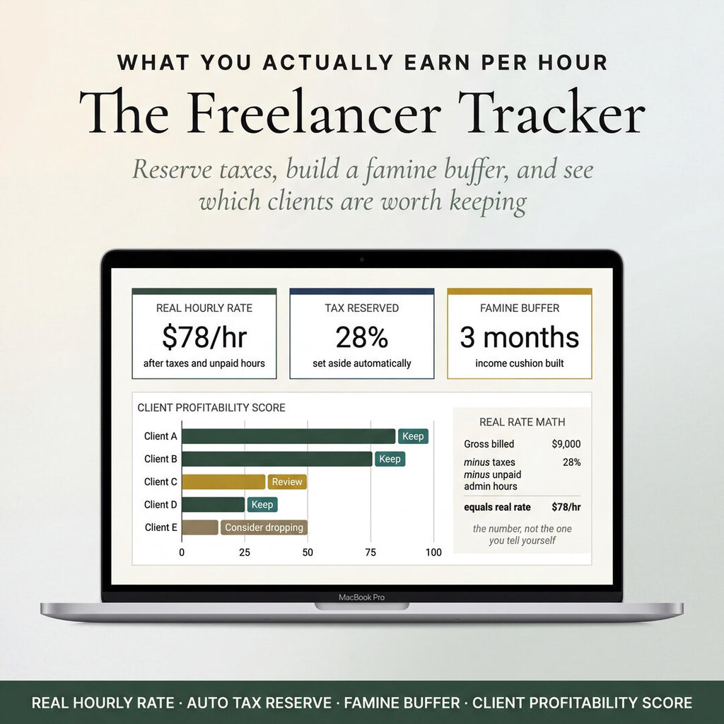 The freelancer tracker showing a real hourly rate, a tax reserve and a famine buffer