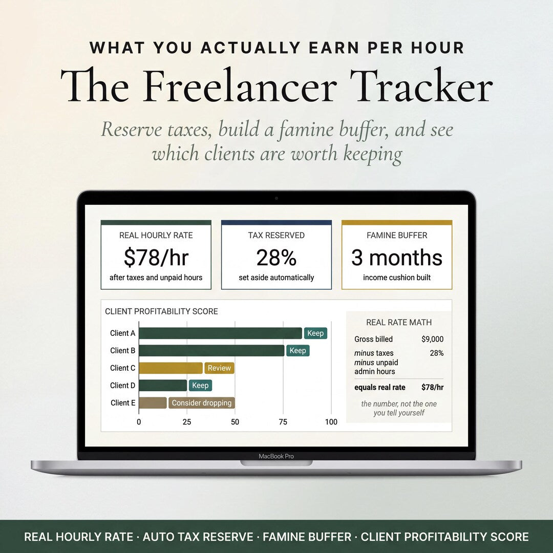 The freelancer tracker showing a real hourly rate, a tax reserve and a famine buffer