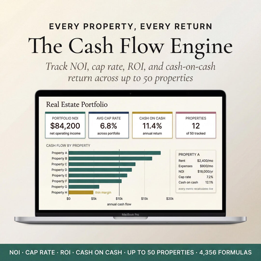 A real estate portfolio dashboard showing NOI, cap rate and cash on cash return