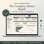 Money spreadsheet bundle on a laptop with spending, savings, and debt trackers