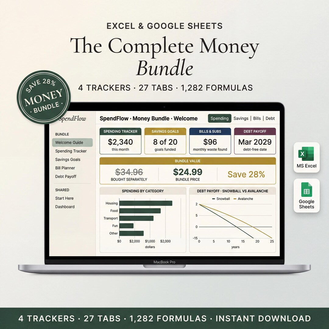 Money spreadsheet bundle on a laptop with spending, savings, and debt trackers