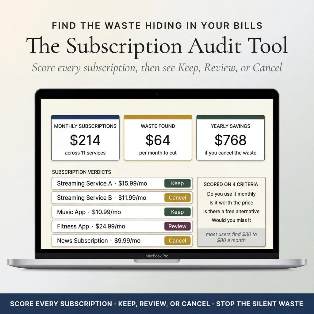 The subscription audit tool showing monthly subscriptions and waste found
