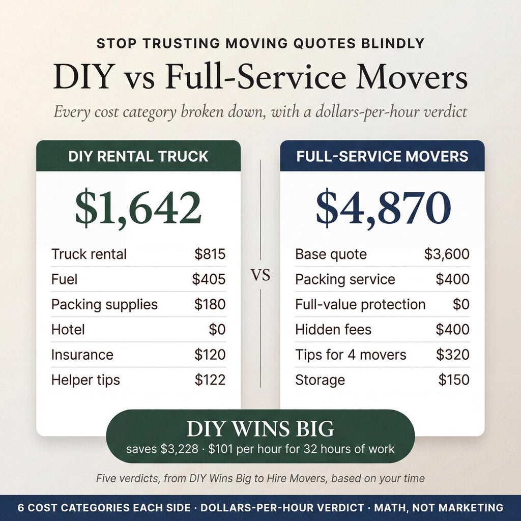 DIY rental truck versus full-service movers cost comparison with savings highlighted