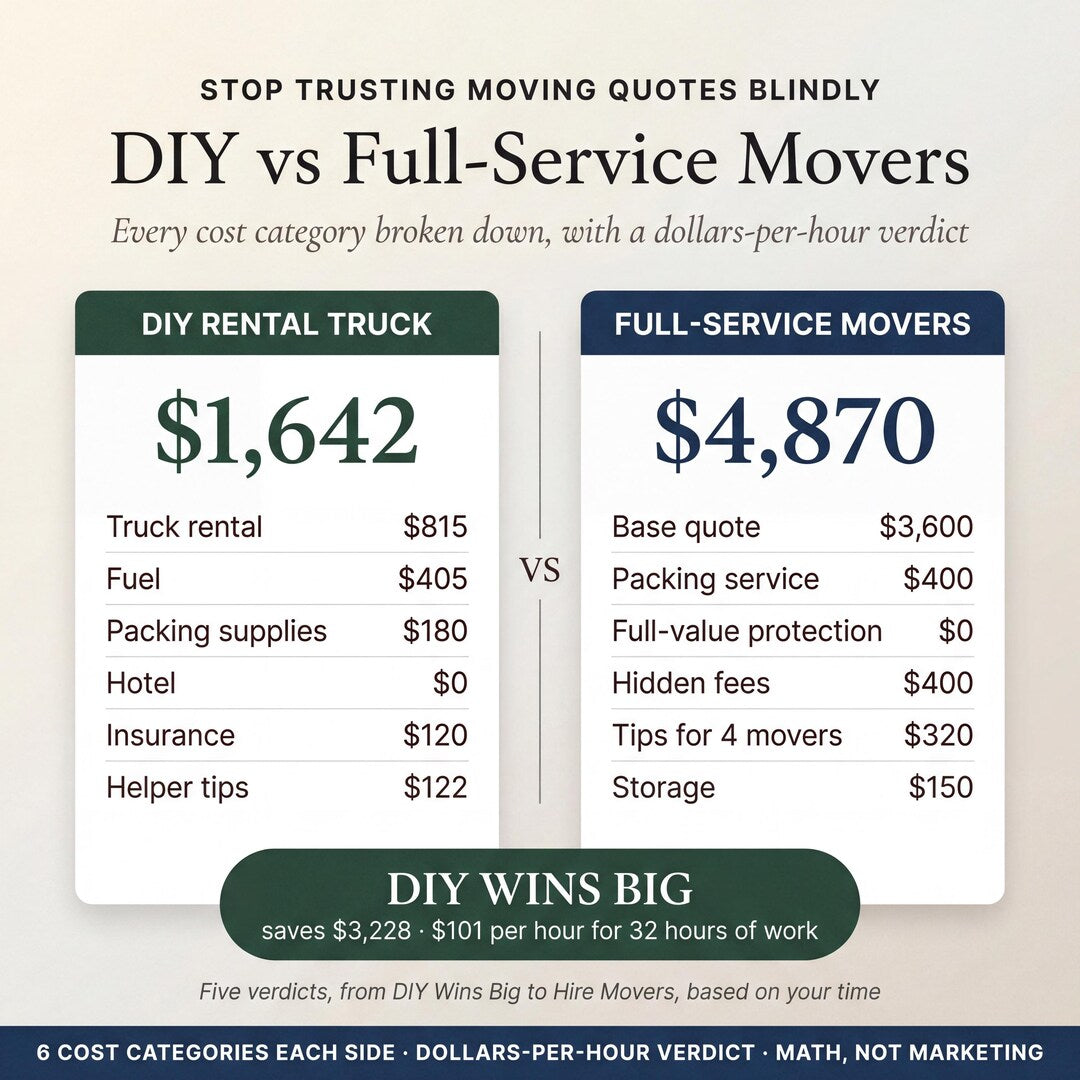 DIY rental truck versus full-service movers cost comparison with savings highlighted