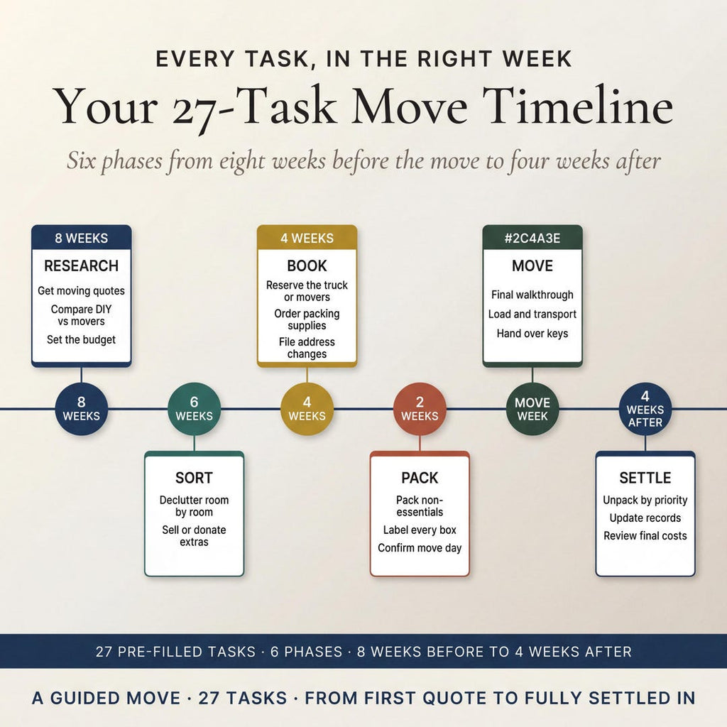 A 27-task move timeline spanning eight weeks before to four weeks after the move
