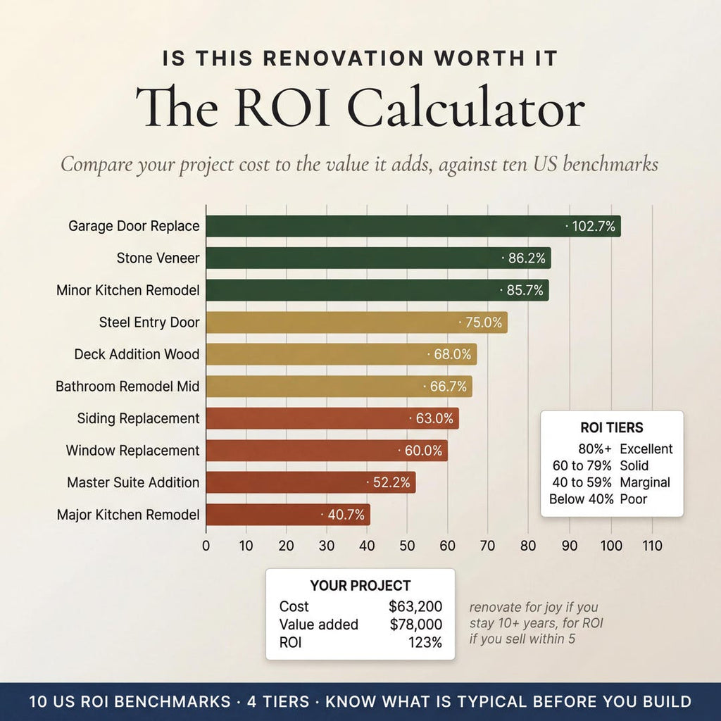 ROI calculator comparing renovation project costs to added home value with benchmarks