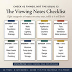 Viewing notes checklist covering exterior, interior, kitchen and bathrooms