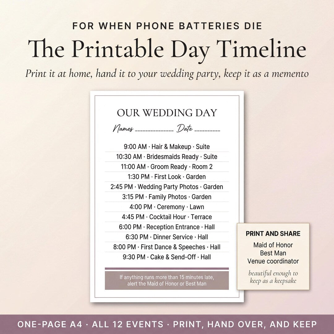 A printable wedding day timeline to print and share with the wedding party