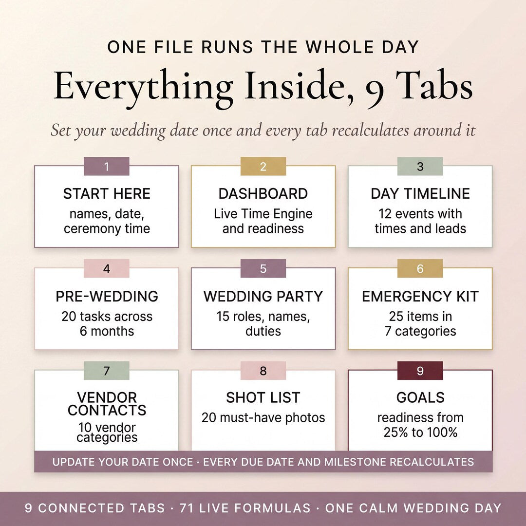 Everything inside the spreadsheet across nine tabs including timeline and emergency kit