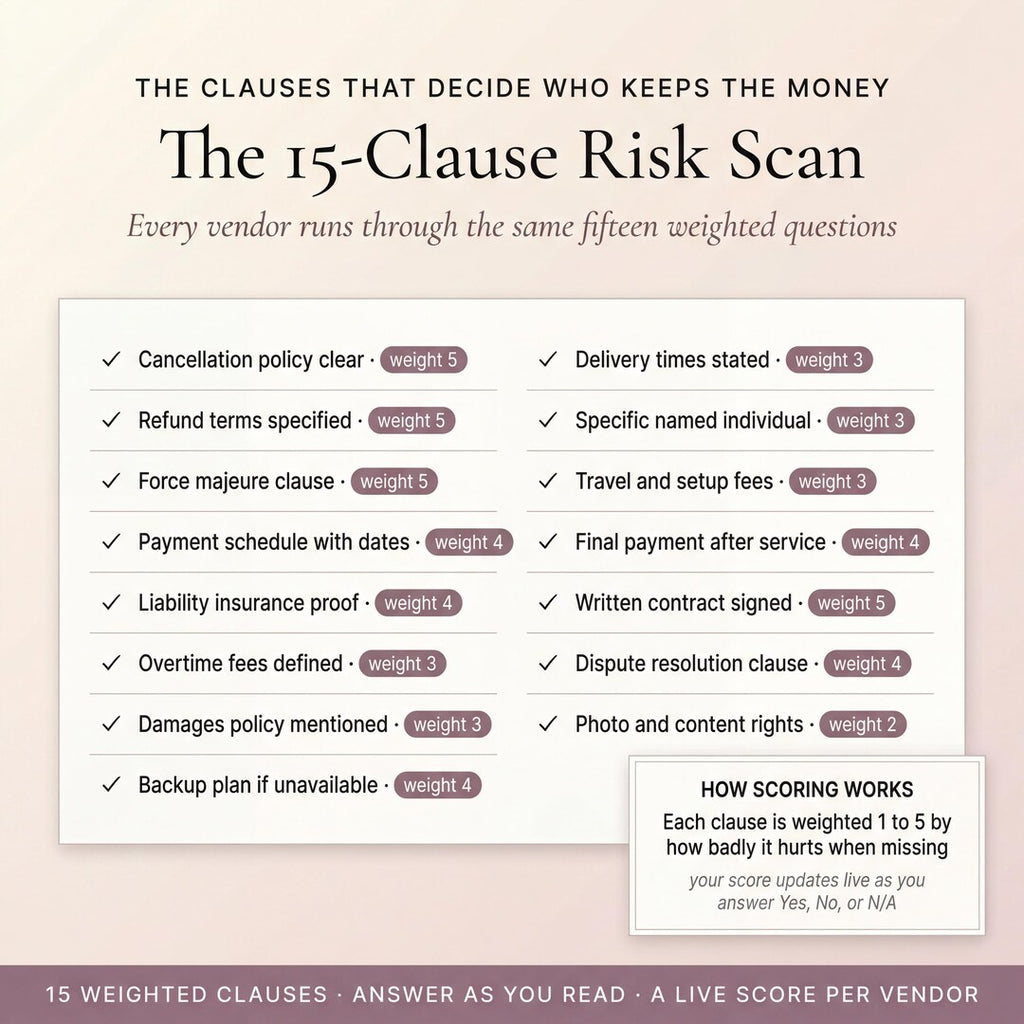The 15-clause risk scan listing weighted clauses with a live score per vendor