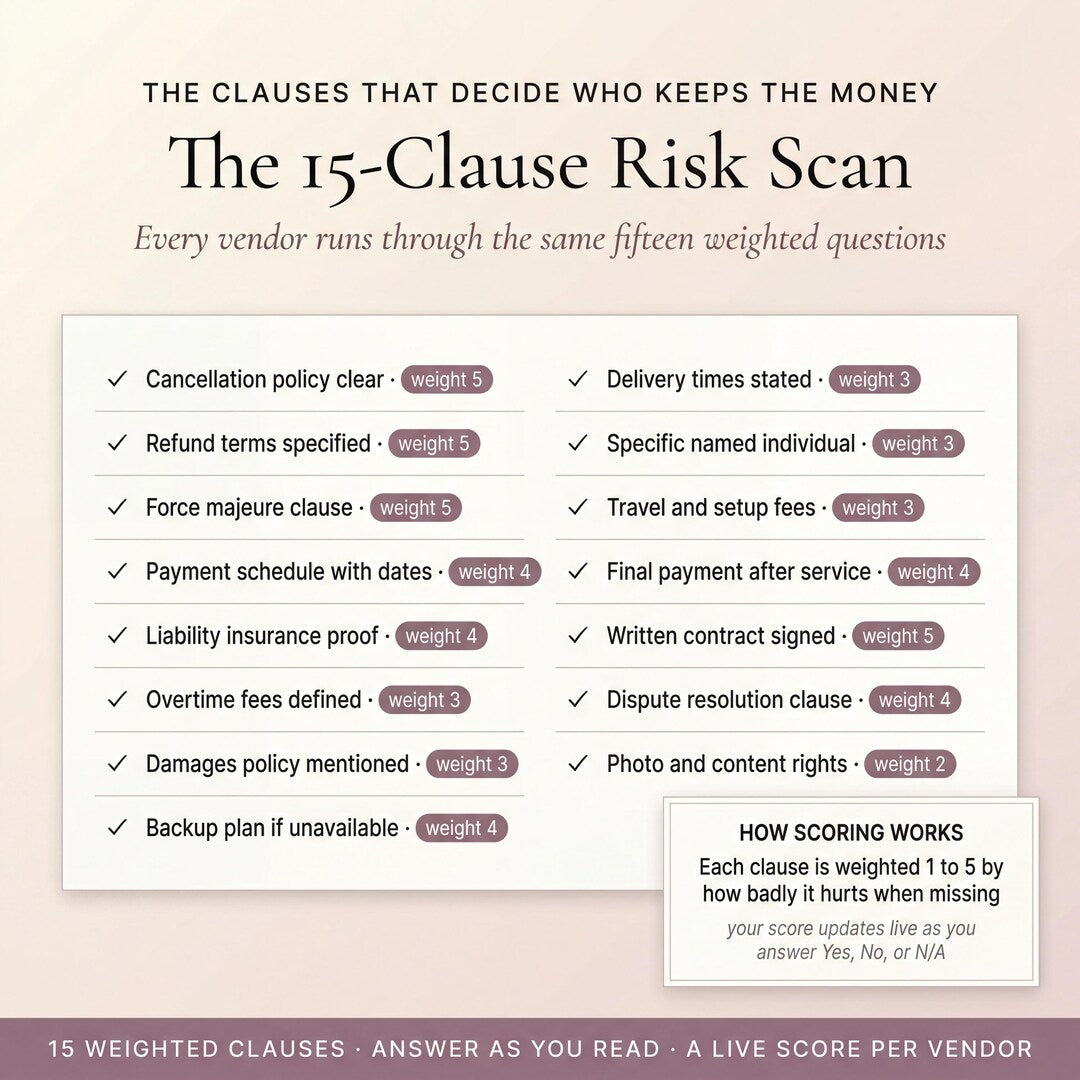 The 15-clause risk scan listing weighted clauses with a live score per vendor
