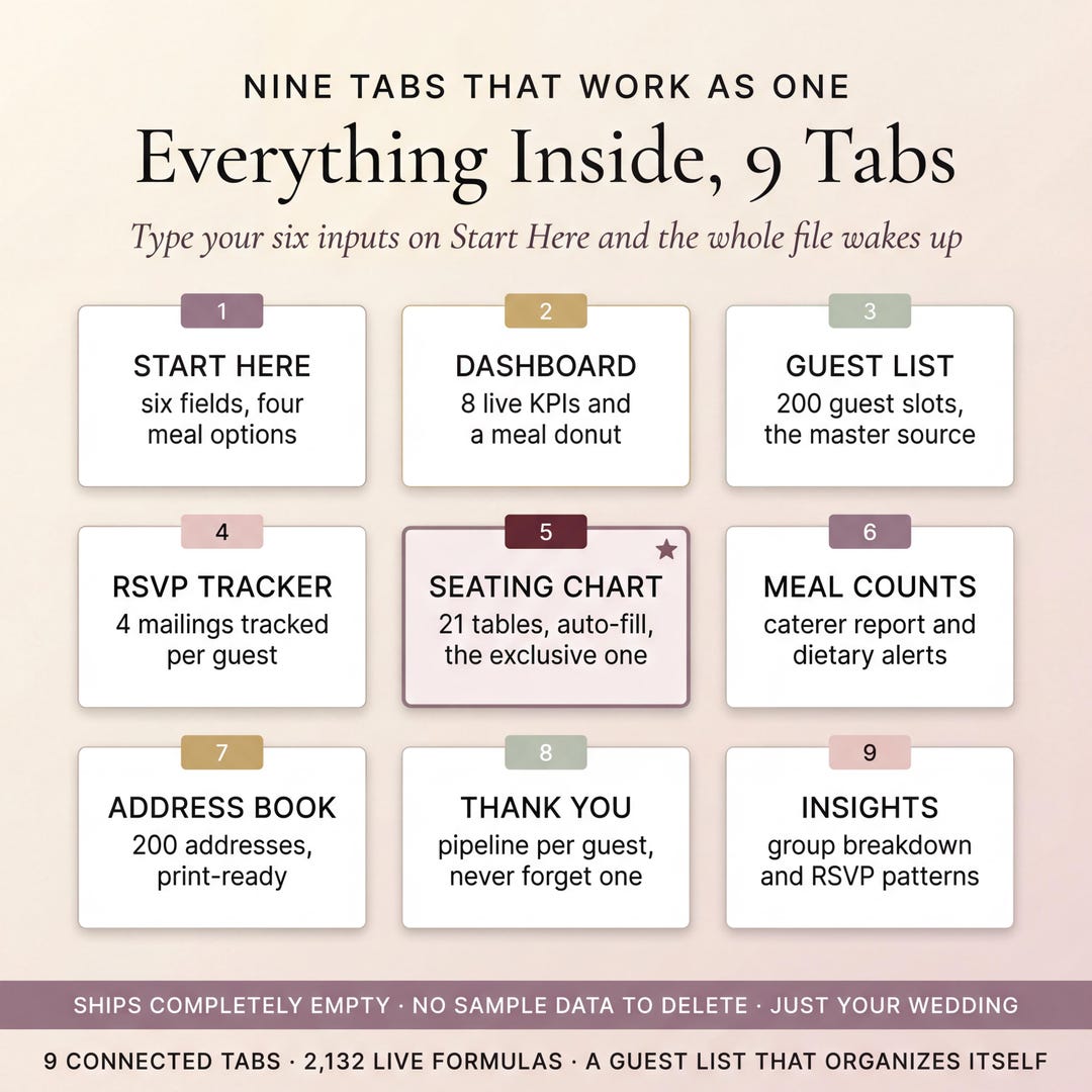 Everything inside the spreadsheet across nine connected tabs