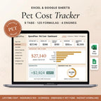 Pet cost tracker spreadsheet on a laptop showing lifetime costs, insurance, and an emergency fund