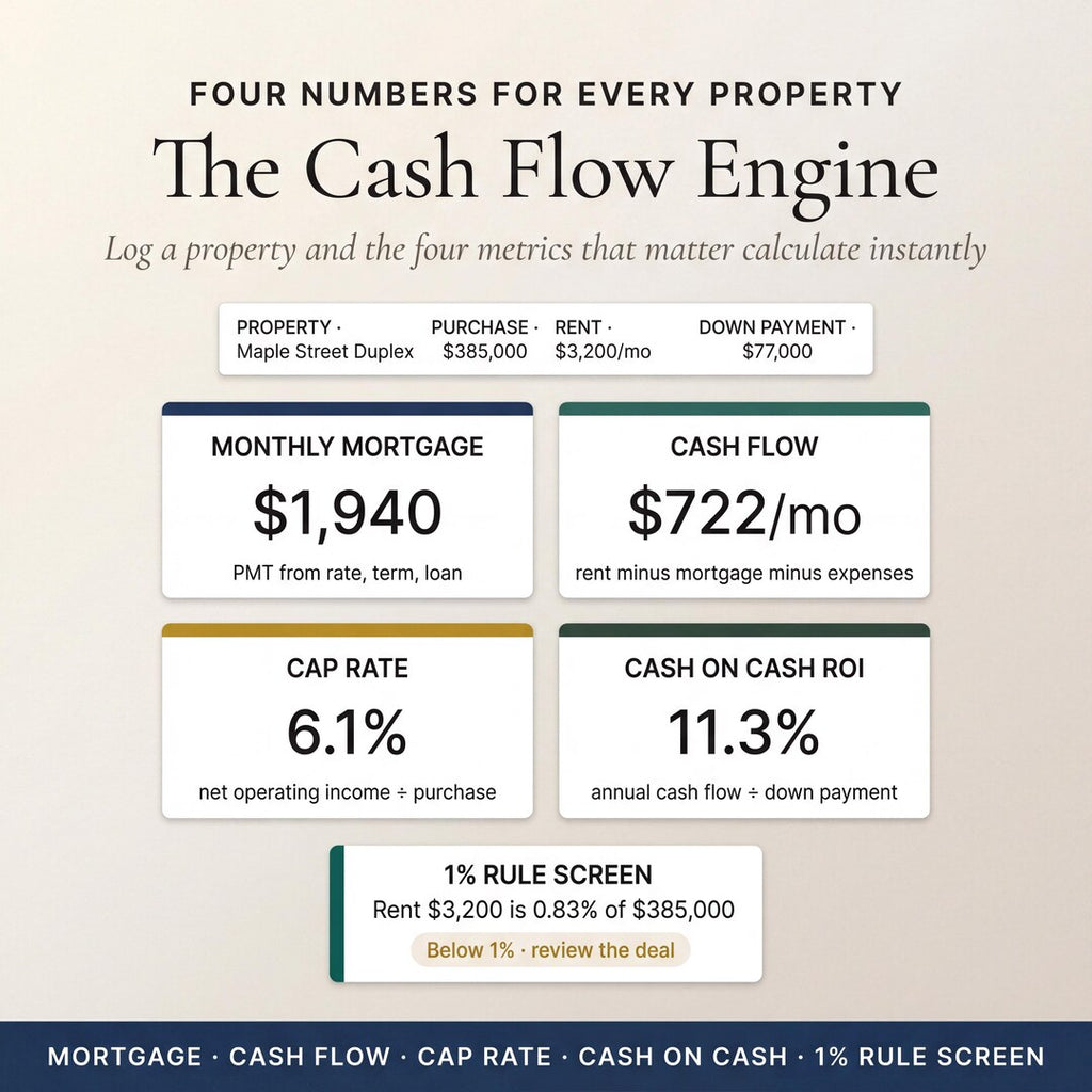 The Cash Flow Engine with monthly mortgage, cash flow, cap rate, cash on cash and a 1% rule screen