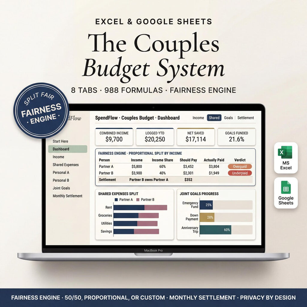 Couples budget spreadsheet on a laptop showing income, expenses, and a fair bill split