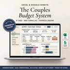 Couples budget spreadsheet on a laptop showing income, expenses, and a fair bill split