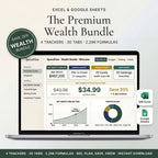 Wealth spreadsheet bundle on a laptop with net worth, budget, and investment tools