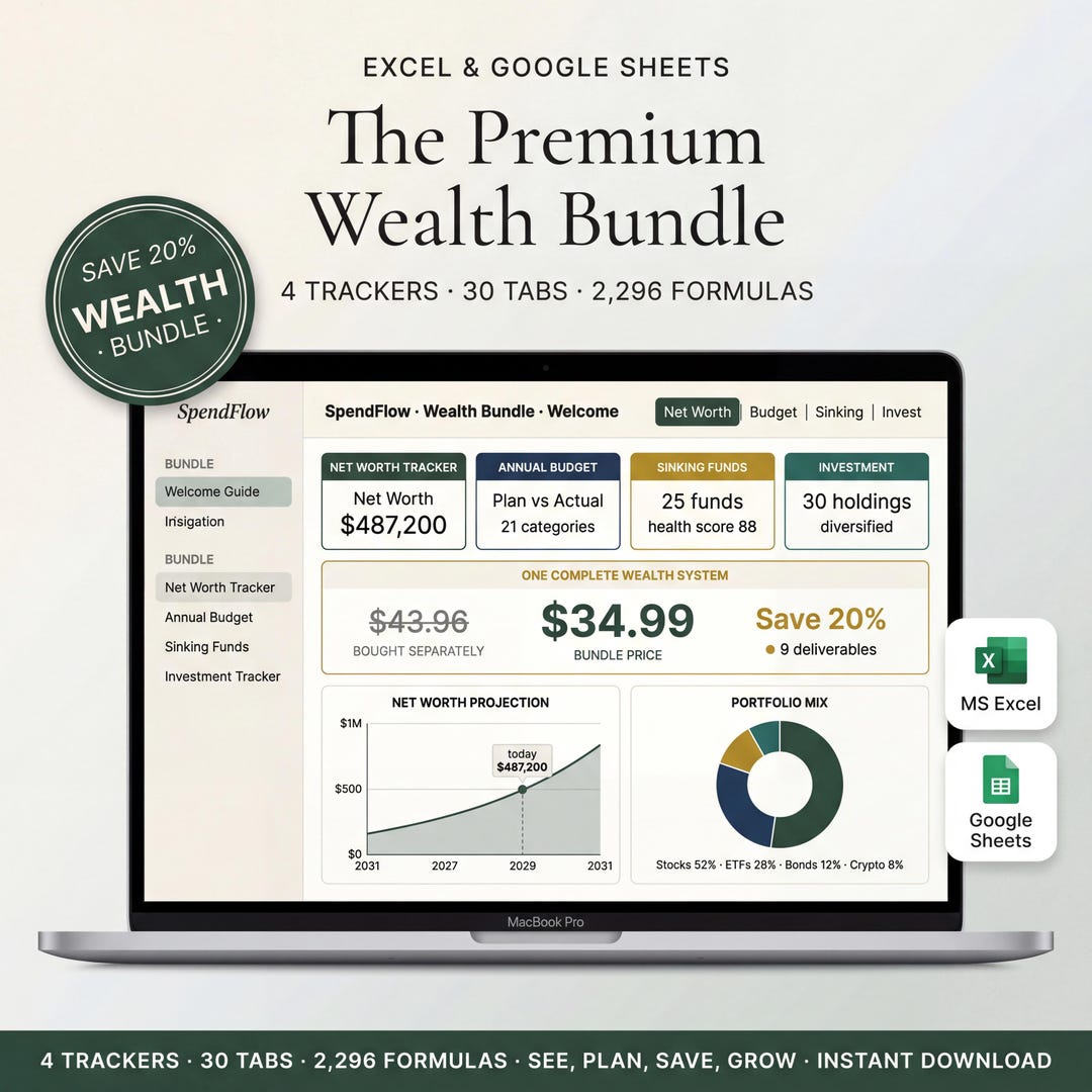 Wealth spreadsheet bundle on a laptop with net worth, budget, and investment tools