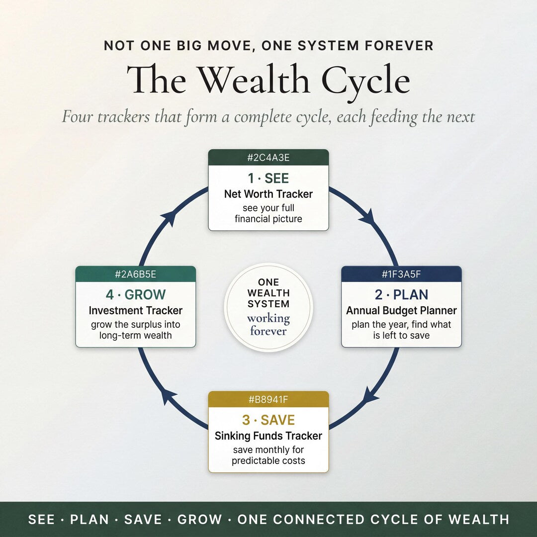 The Wealth Cycle linking Net Worth, Annual Budget, Sinking Funds and Investment trackers