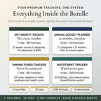 Four trackers in the bundle: Net Worth, Annual Budget, Sinking Funds and Investment