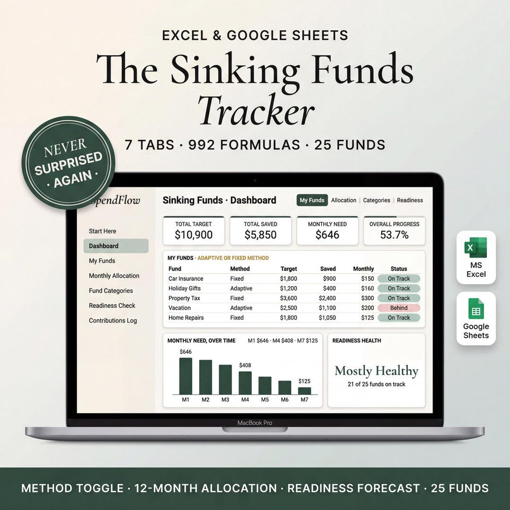 Sinking funds tracker spreadsheet on a laptop showing targets, amounts saved, and monthly needs