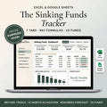 Sinking funds tracker spreadsheet on a laptop showing targets, amounts saved, and monthly needs