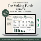 Sinking funds tracker spreadsheet on a laptop showing targets, amounts saved, and monthly needs