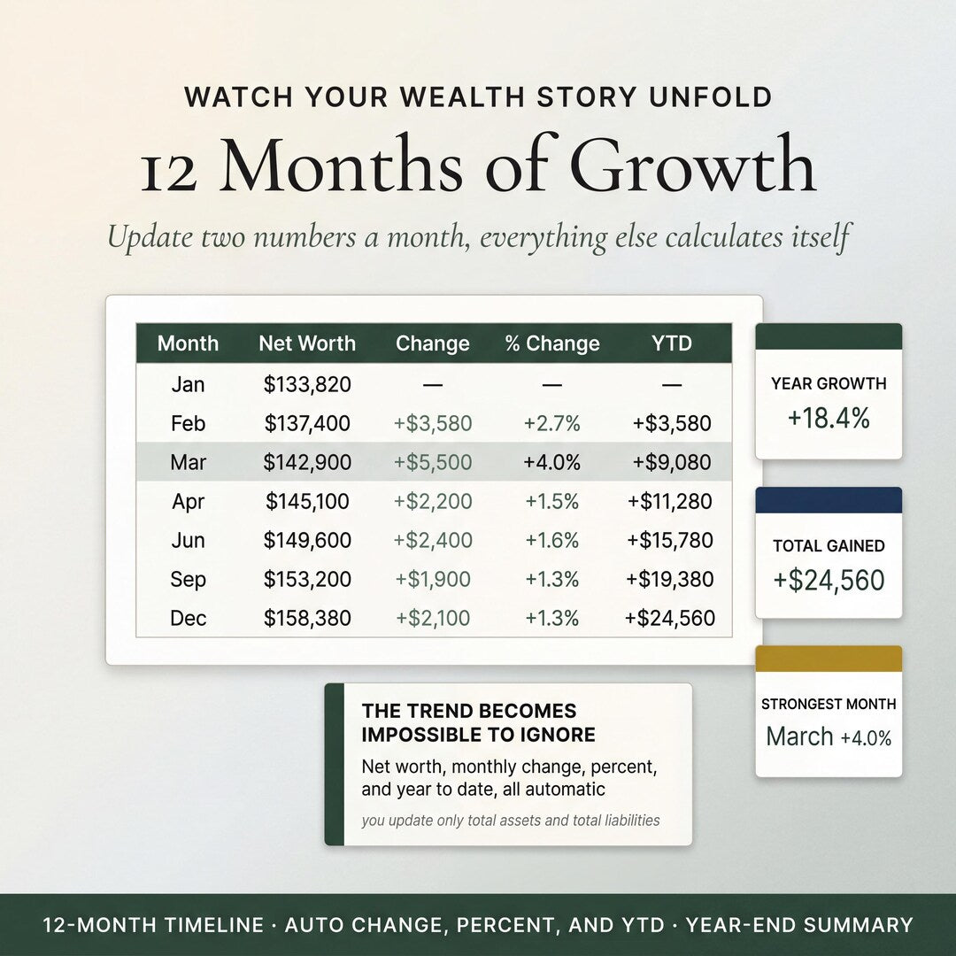 Twelve months of growth showing net worth, change and percentage change